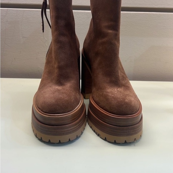 AGL MADE IN ITALY LEATHER SUEDE Brown Heeled Boots with Chunky Platform - Picture 3 of 8